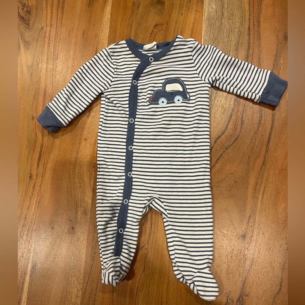 Striped Navy & White Footed One-Piece with Car Appliqué